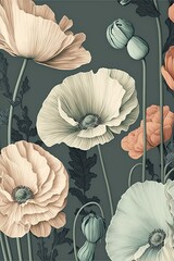 pastel vintage art style poppy flowers art deco, vintage, boho style, AI assisted finalized in Photoshop by me 
