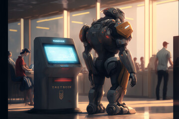 a passenger, recently checked in with robot at the counter service. Using facial recognition technology and biometrics, robot was able to quickly and securely process s check-in generative ai
