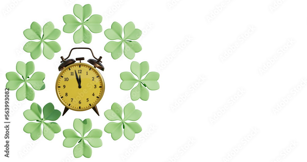 Poster saint patrick's day. alarm clock surrounded by clover leaves on a transparent background. 3d renderi