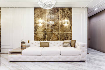 Living room in rich modern home with italian marble floor - obrazy, fototapety, plakaty