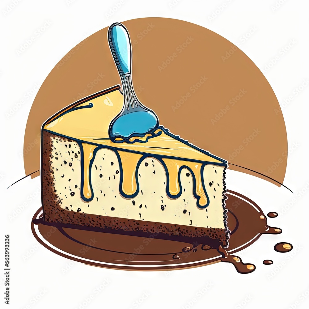 Aufkleber  a piece of cake with a fork stuck in it with chocolate sauce on top of it and a caramel colored background with a brown circle around it and a brown circle with a light. , AI Generative AI
