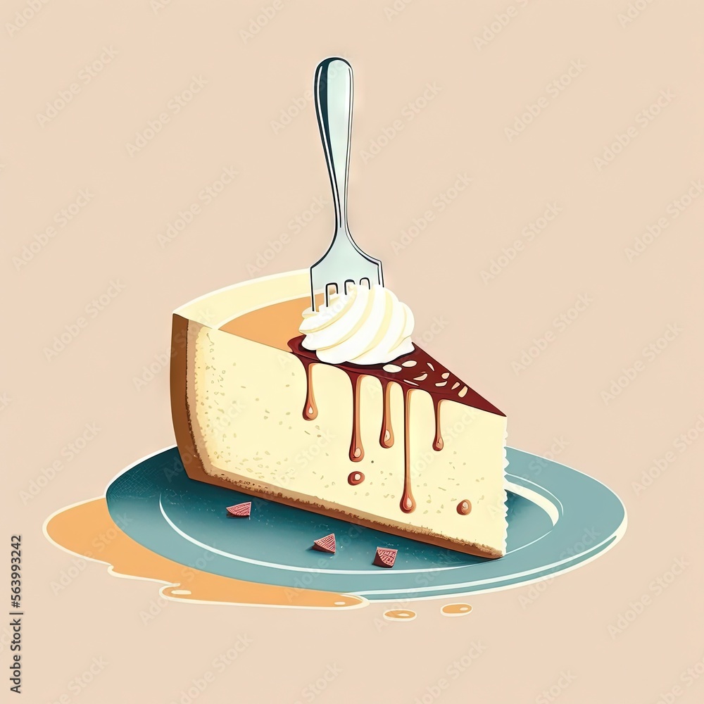 Aufkleber a piece of cheesecake with a fork stuck in it's crust and drizzled with chocolate sauce on a plate w