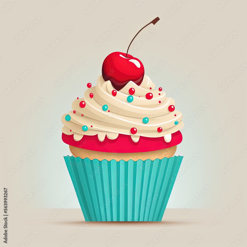 Poster a cupcake with a cherry on top of it and a cherry on top of it, on a light background, with a shadow