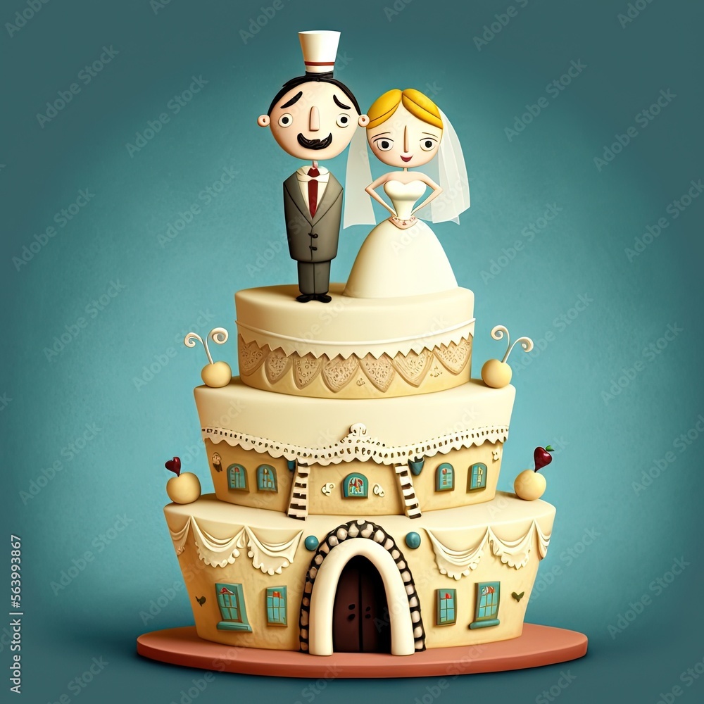 Poster a cartoon of a bride and groom on top of a cake with a blue background and a blue backdrop with a bl