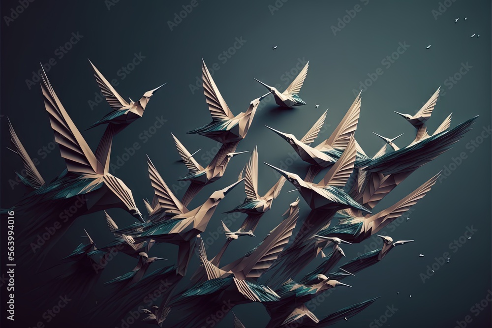 Poster a flock of birds flying through the air next to each other on a black background with water droplets