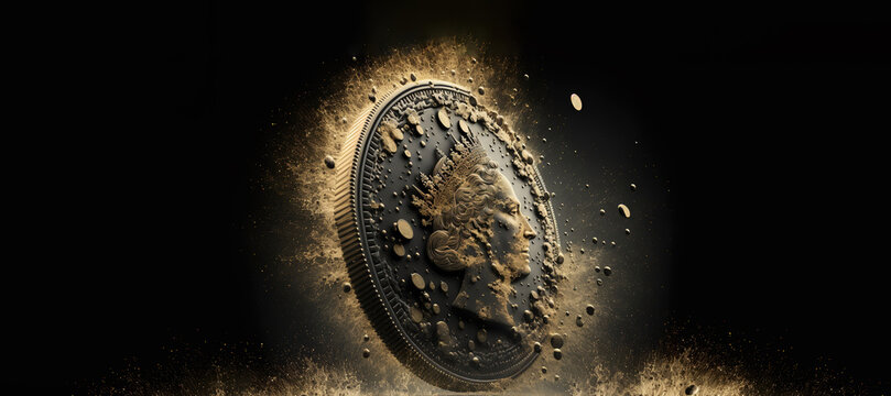 british sterling coin in particles splash for inflation and pound financial issues concept with copyspace area and isolated on black background
