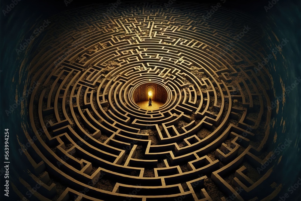 Canvas Prints  a very large circular maze with a light in the center of it and a person standing in the center of the maze in the middle of the maze, with a bright light at the end. , AI Generative AI