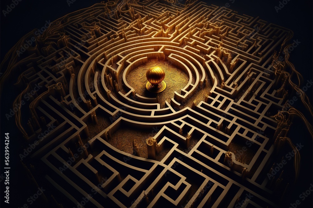 Poster a large circular maze with a golden ball in the center of it and a black background with a yellow li