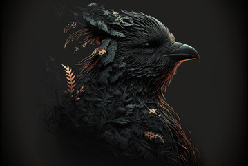 Obraz premium A side portrait of a black fantasy raven on a black background. The illustration includes feathers, foliage and bronze lighting on the bird. Created with Generative AI.