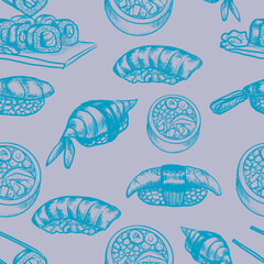 Sushi rolls japanese food  chinese traditional cuisine rice fish salmon hand drawn set separately on white background unagi maki sticks chinese restaurant dish  Inscriptions in English and Ukraine