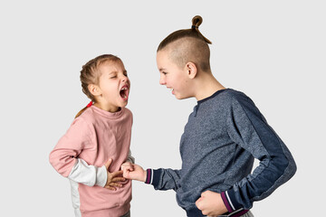 Brother beating his sister, white background