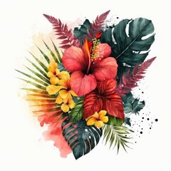 Watercolor bouquet with bright tropical leaves and flowers. Hibiscus, palm leaf. Jungle floral arrangements. AI assisted finalized in Photoshop by me 