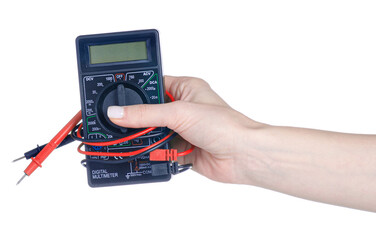 Digital multimeter tool in hand on white background isolation
