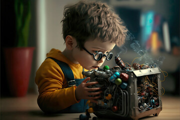 Little boy learning robotics