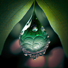 leaf, raindrop, crystal, nature, green, growth, unique digital art, generative ai, 