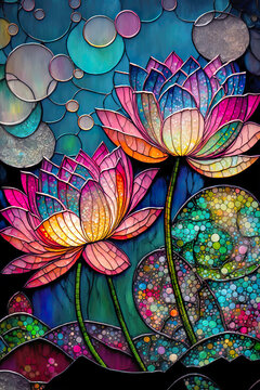 This is a multi-colored representation of a stunning lotus flower, a representation with the effect of a painting. An image created with the help of AI that creates the effect of mosaics and stained g