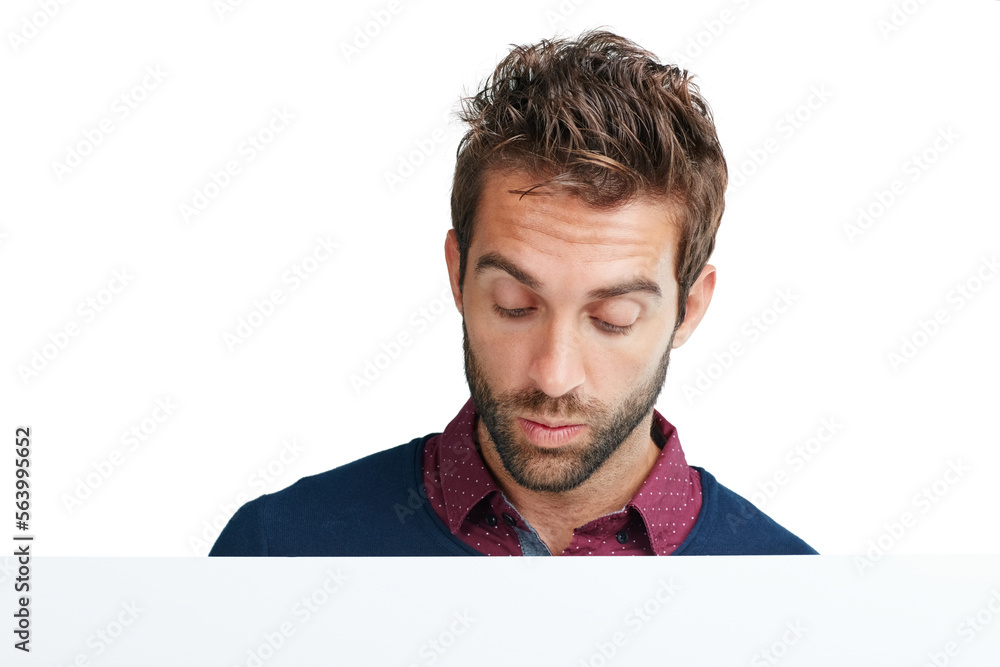 Poster face, thinking and mockup with a man in studio isolated on a white background for branding or produc