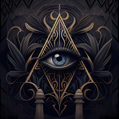 unique digital art, generative ai, evil eye, sacred geometry, triangle, fantasy, 