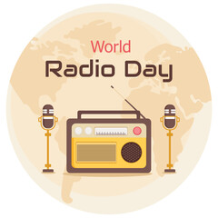 World radio day.  Poster or banner design on beige background. Flat design vector illustration.