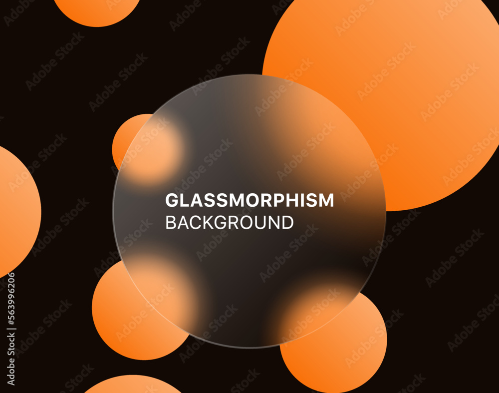 Poster glassmorphism background banner with transparent glass frame template . Realistic Frosted glass morphism effect with blurred abstract gradient grange circle shapes. Vector illustration
