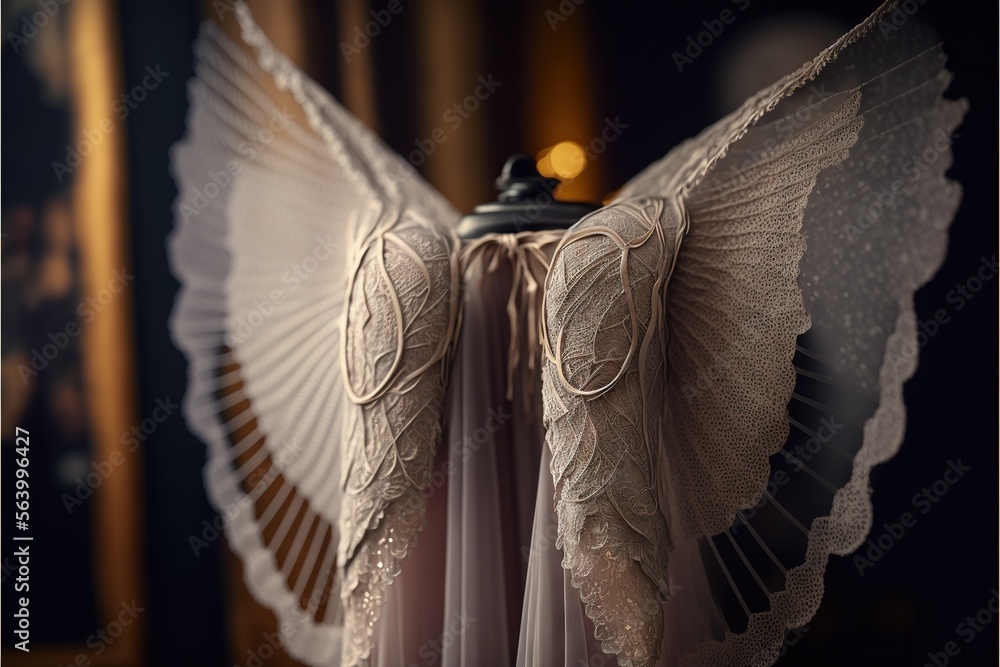 Poster a white angel wings sculpture on a table top with a candle in the background and a picture of a mirr