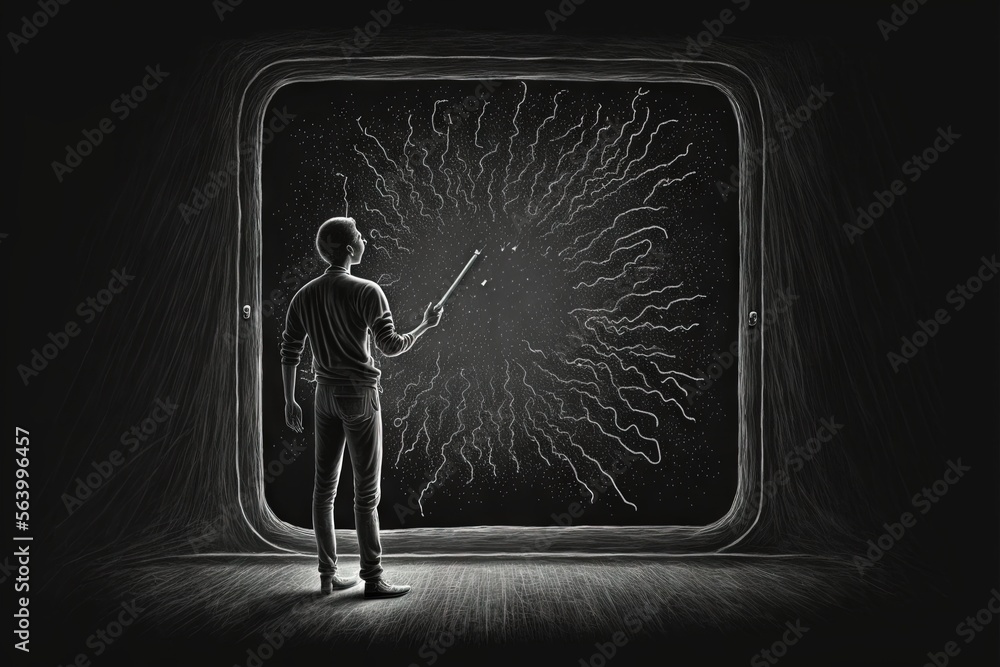 Poster a man standing in front of a window with fireworks coming out of it and a light shining on the windo