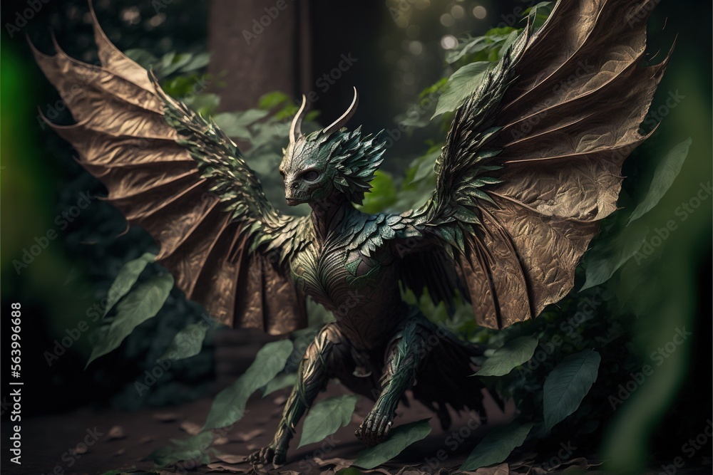 Poster a statue of a dragon with wings spread out in a forest area with leaves and branches surrounding it,