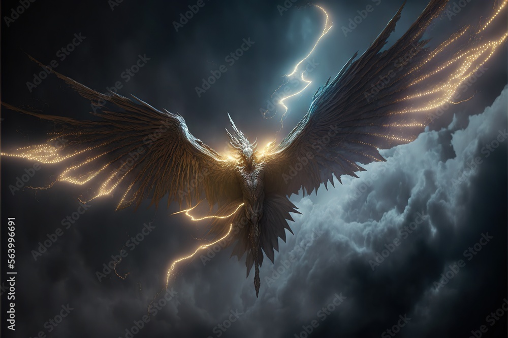 Poster a bird with wings flying through a cloudy sky with lightning bolt in the background and a lightning 