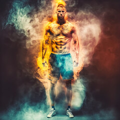 Double exposure image of athlete and smoke. Made with Generative AI. 