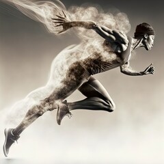 Naklejka na ściany i meble Double exposure image of athlete and smoke. Made with Generative AI. 