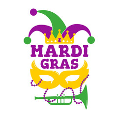 Fototapeta premium Mardi gras party design. Collection of french traditional mardi gras symbols. Celebration greeting card.