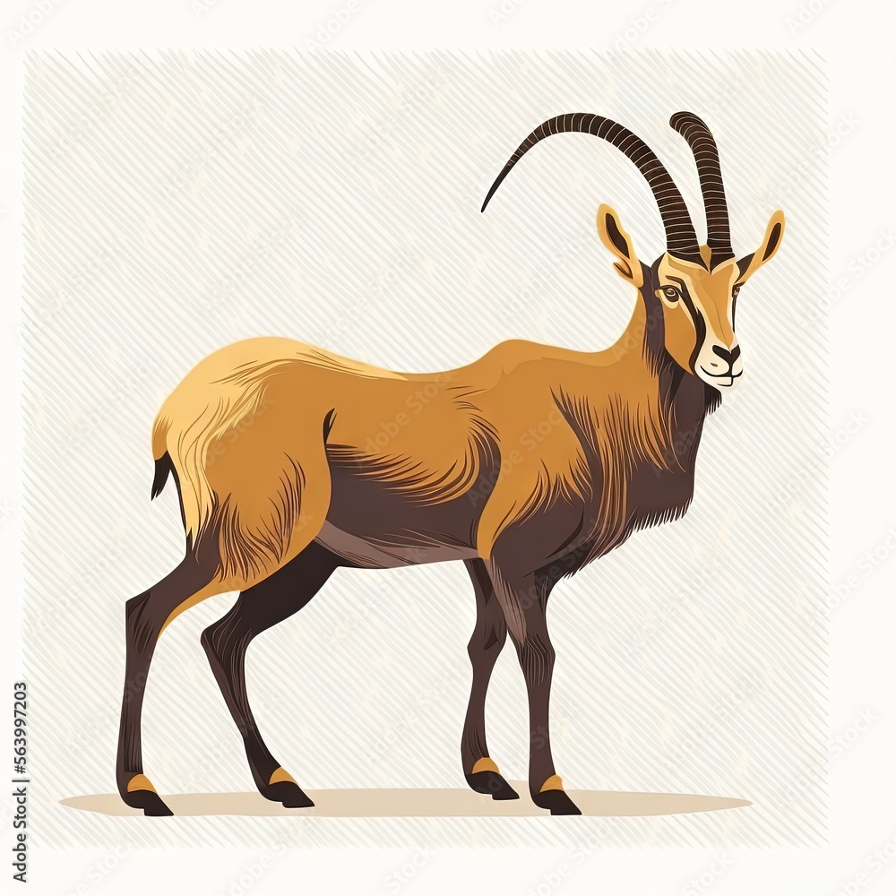 Poster  a goat with long horns standing on a white background with a shadow of its head on the ground and a white background with a shadow of its head and a line of its tail and. , AI Generative AI