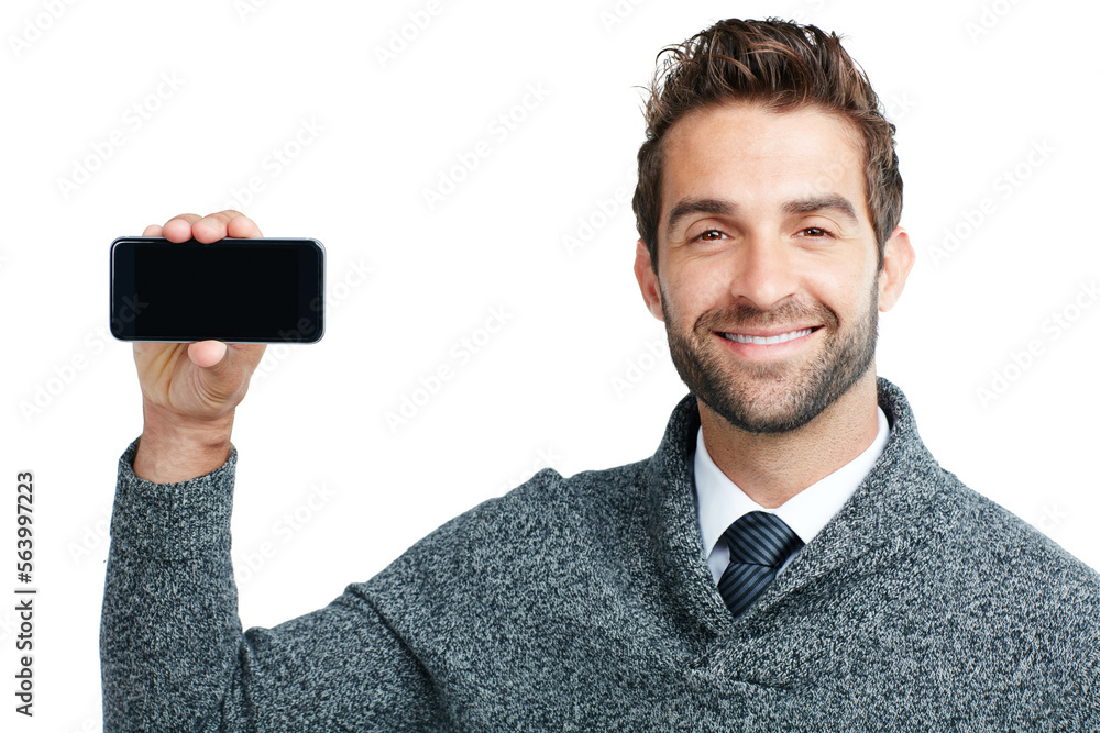 Aufkleber portrait, business man on phone mock up screen for internet research, social media or networking in 