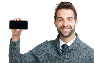 Portrait, business man on phone mock up screen for internet research, social media or networking in...