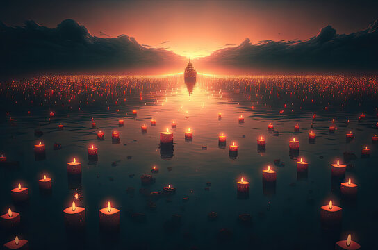 sea of candles. Generative AI image.