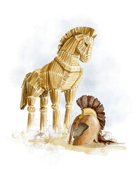 Watercolor fantasy mythological greek wooden trojan horse and ammunition helmet isolated on white background. Hand drawn illustration sketch - obrazy, fototapety, plakaty