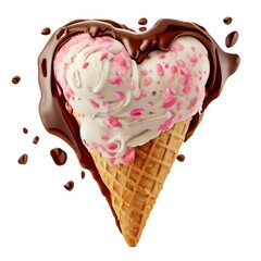 Heart shaped ice cream in a waffle cone with chocolate topping isolated on white background. St. Valentine's Day food design.