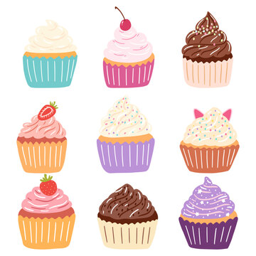 Hand drawn delicious cupcakes in cartoon style. Vector illustration of sweets, dessert, pastries