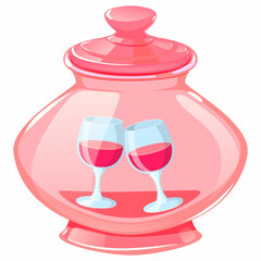 Glass pink jar with glasses of drink.Holiday Valentine's day.