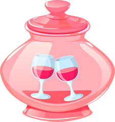 Glass pink jar with glasses of drink.Holiday Valentine's day.