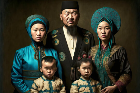 Uyghur family wearing traditional cloth. Generative AI.