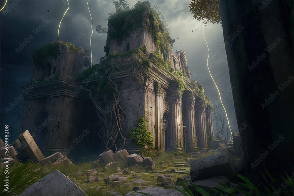 Poster a ruined building with a lot of trees growing out of it and lightning coming in from the sky above i
