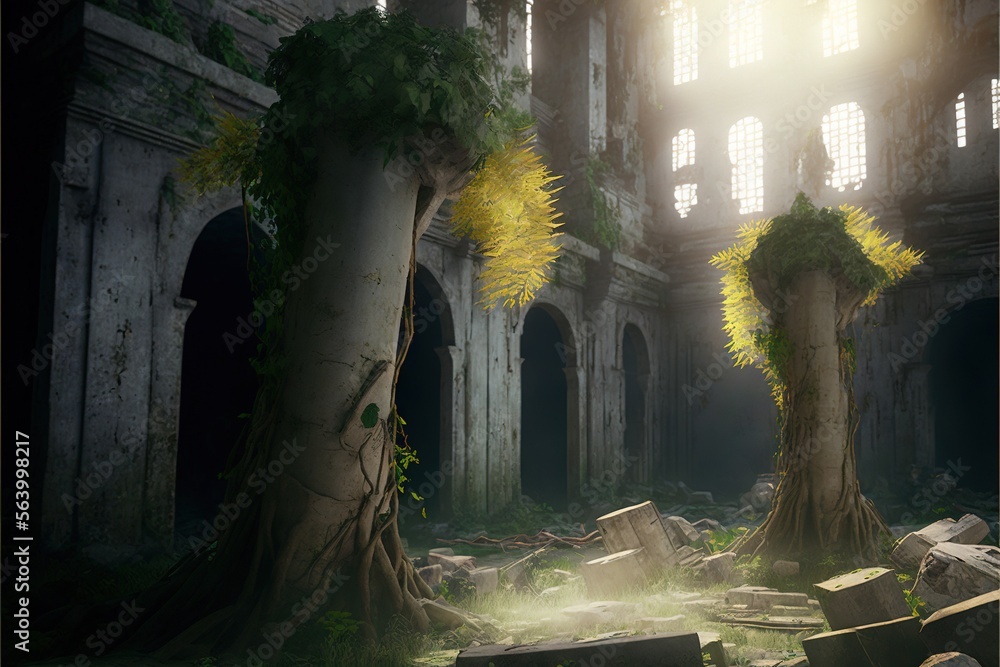 Poster a ruined building with a tree in the middle of it and a light shining through the windows above it a