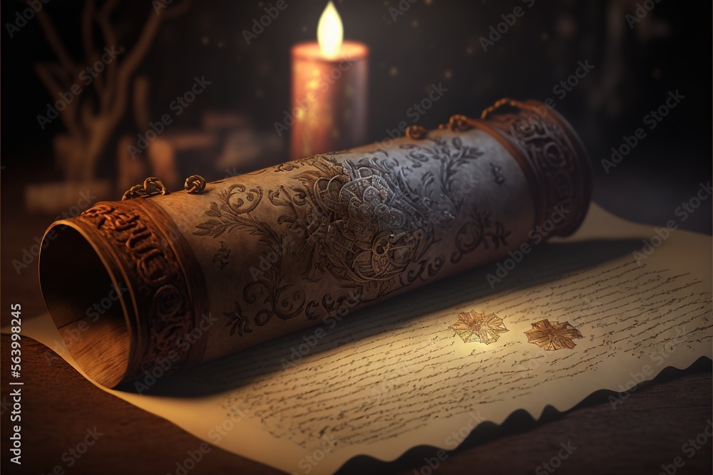 Poster a scroll with a candle and a lit candle in the background on a table with a paper and a pen on it, w