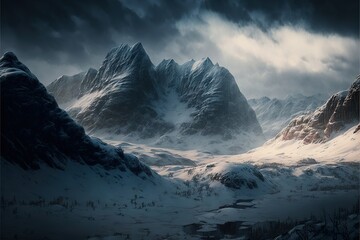  a mountain range covered in snow under a cloudy sky with a river running between it and a forest below it, with a dark sky filled with clouds and snow covered mountains in the background. , AI