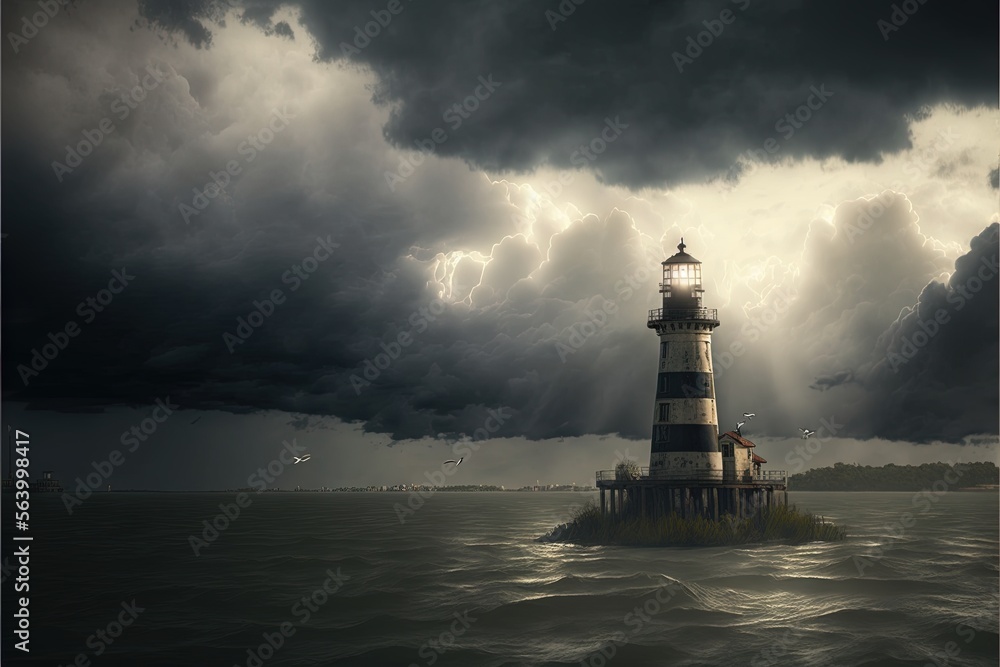 Aufkleber a lighthouse in the middle of a body of water under a cloudy sky with a lighthouse on it's tip in th