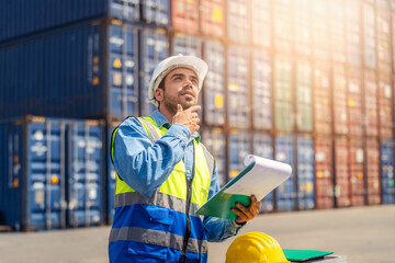 Engineer wears PPE checking container storage with cargo container background at sunset. Logistics global import or export shipping industrial concept.