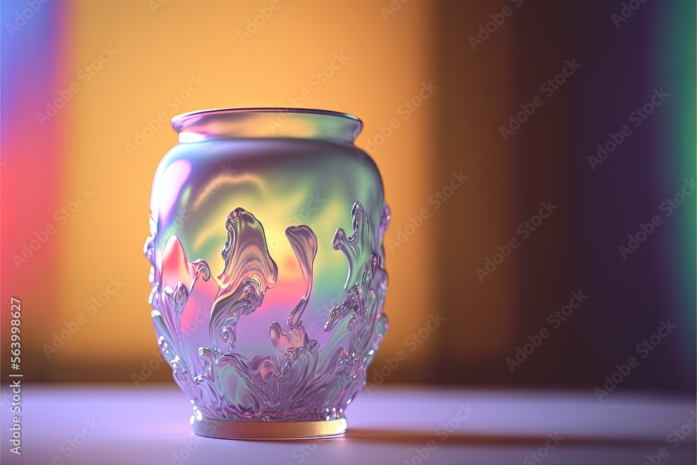 Poster a glass vase with a colorful background and a , rainbow light in the background is a blurry image of