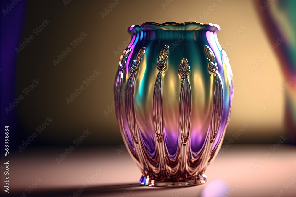 Poster a glass vase with a multicolored design on it's side and a yellow background behind it, with a light