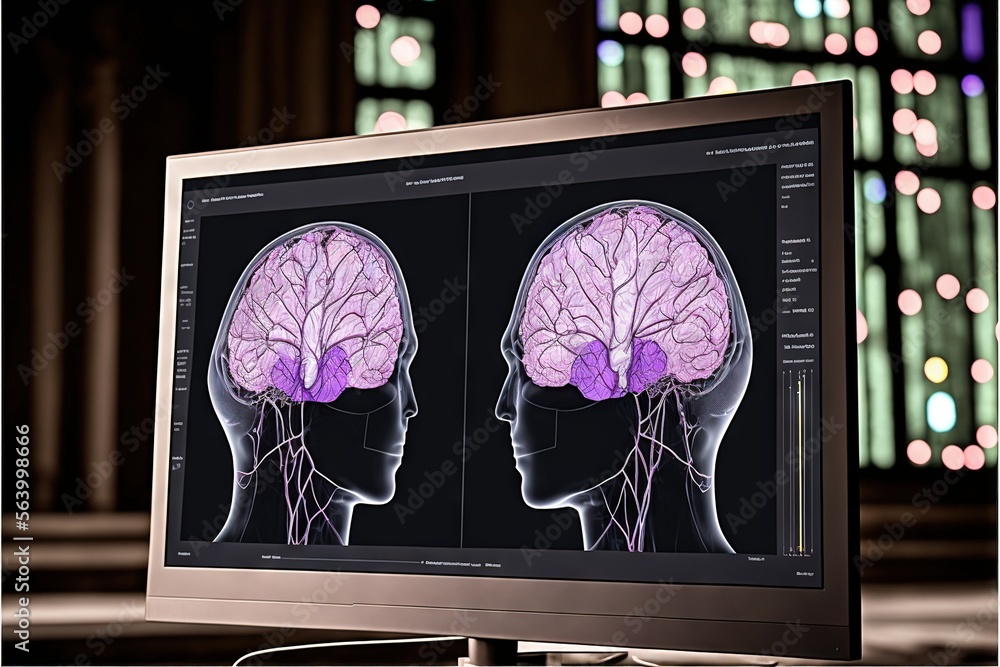 Poster a computer screen with a picture of a brain on it's side and a computer screen with a picture of a b